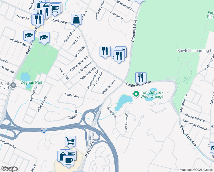 map of restaurants, bars, coffee shops, grocery stores, and more near 14 Fundus Road in West Orange