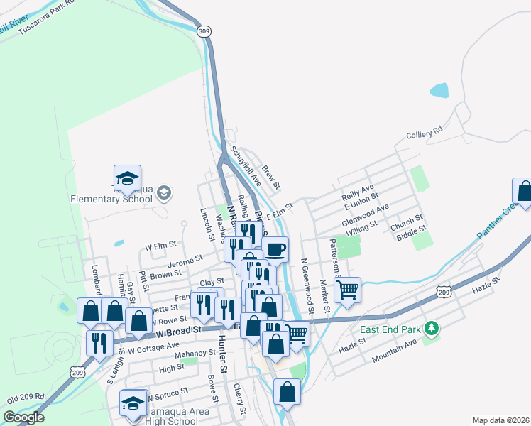 map of restaurants, bars, coffee shops, grocery stores, and more near 423 Pine Street in Tamaqua