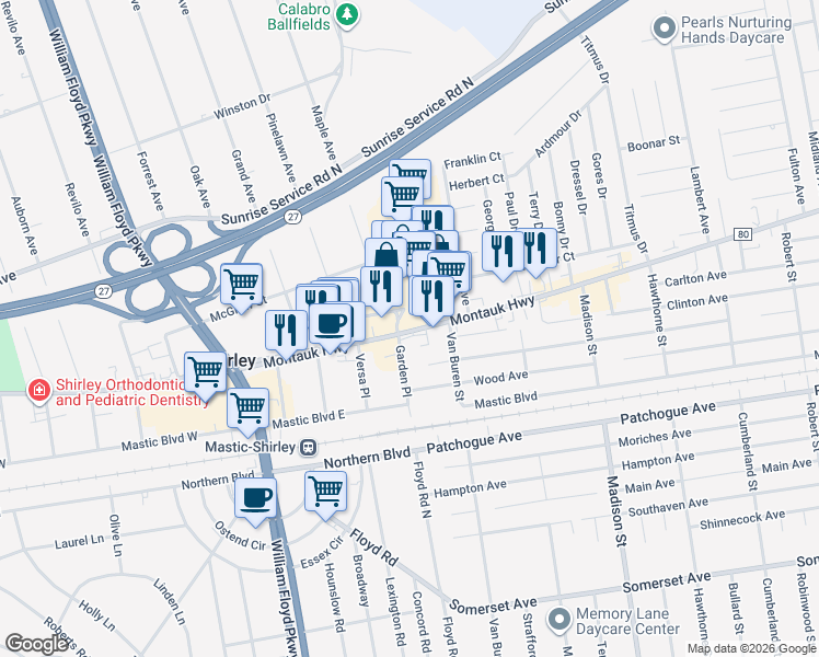 map of restaurants, bars, coffee shops, grocery stores, and more near 999 Montauk Highway in Shirley