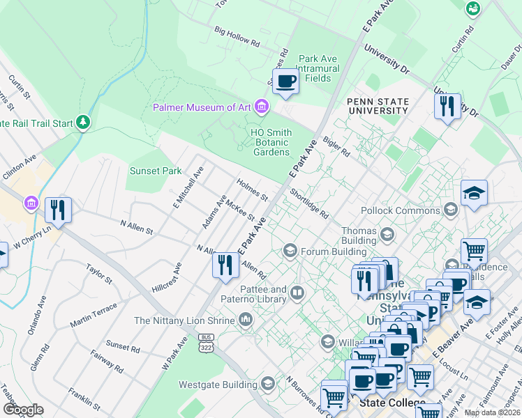 map of restaurants, bars, coffee shops, grocery stores, and more near 520 Holmes Street in State College