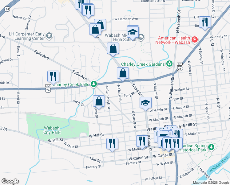 map of restaurants, bars, coffee shops, grocery stores, and more near 438 North Fisher Street in Wabash