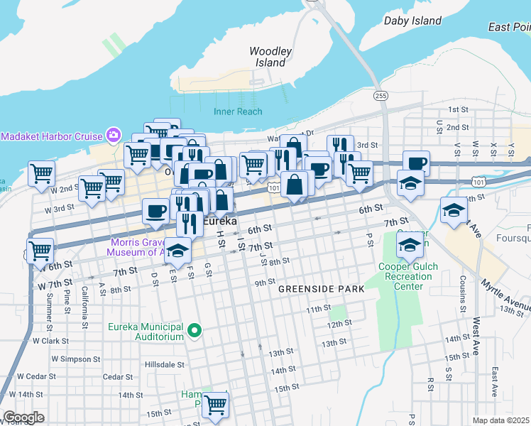 map of restaurants, bars, coffee shops, grocery stores, and more near in Eureka