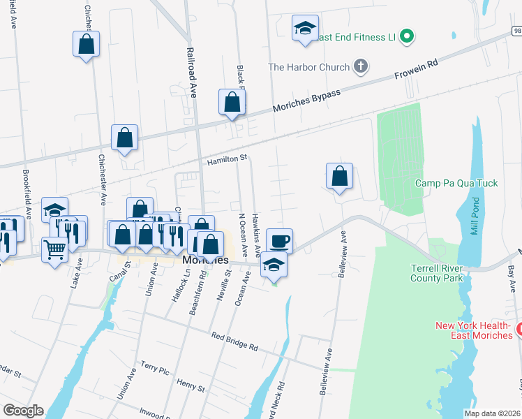 map of restaurants, bars, coffee shops, grocery stores, and more near 34 Reeves Road in Center Moriches