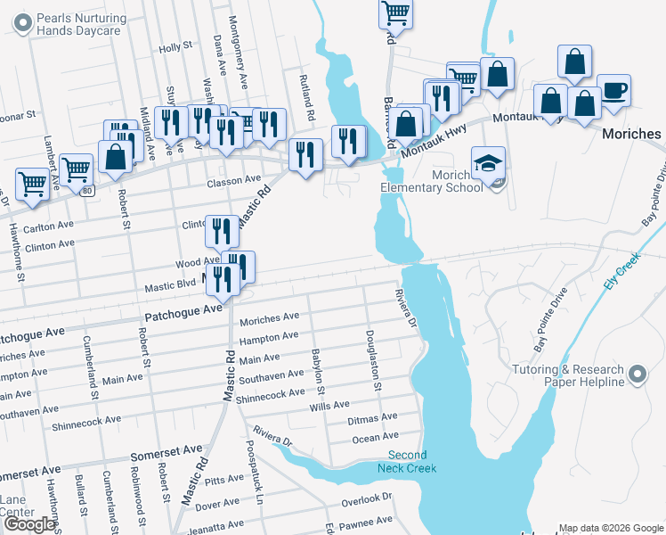 map of restaurants, bars, coffee shops, grocery stores, and more near 195 Mastic Boulevard in Mastic