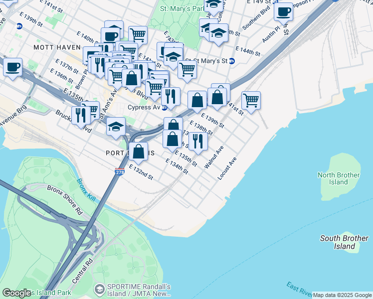 map of restaurants, bars, coffee shops, grocery stores, and more near 815 East 136th Street in The Bronx