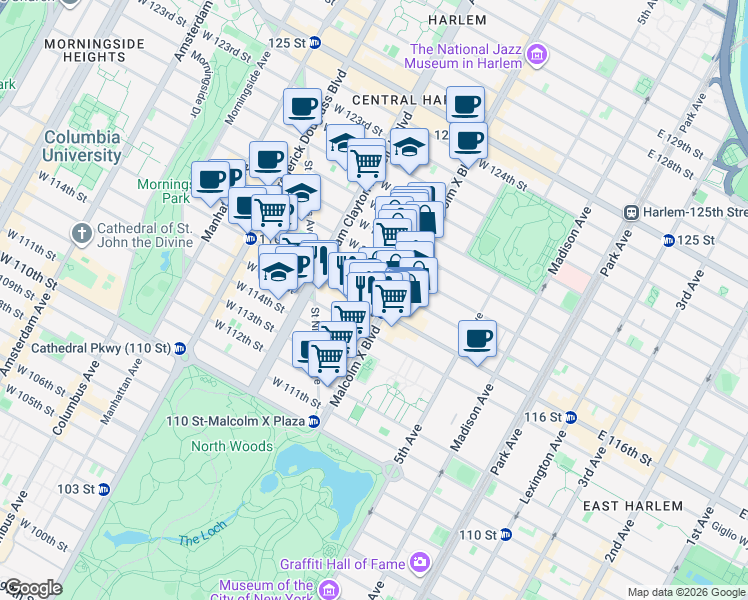 map of restaurants, bars, coffee shops, grocery stores, and more near in New York