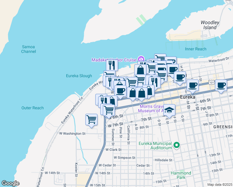 map of restaurants, bars, coffee shops, grocery stores, and more near 80 W 3rd St in Eureka