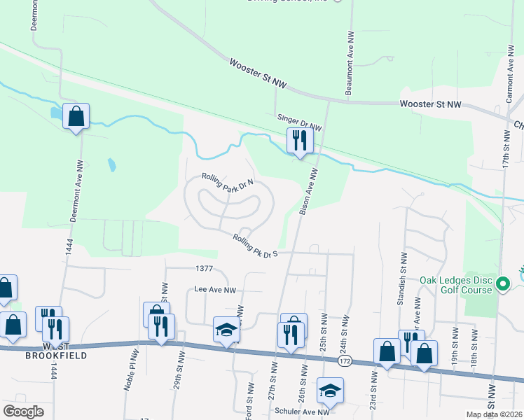 map of restaurants, bars, coffee shops, grocery stores, and more near 150 Rolling Park Drive North in Massillon