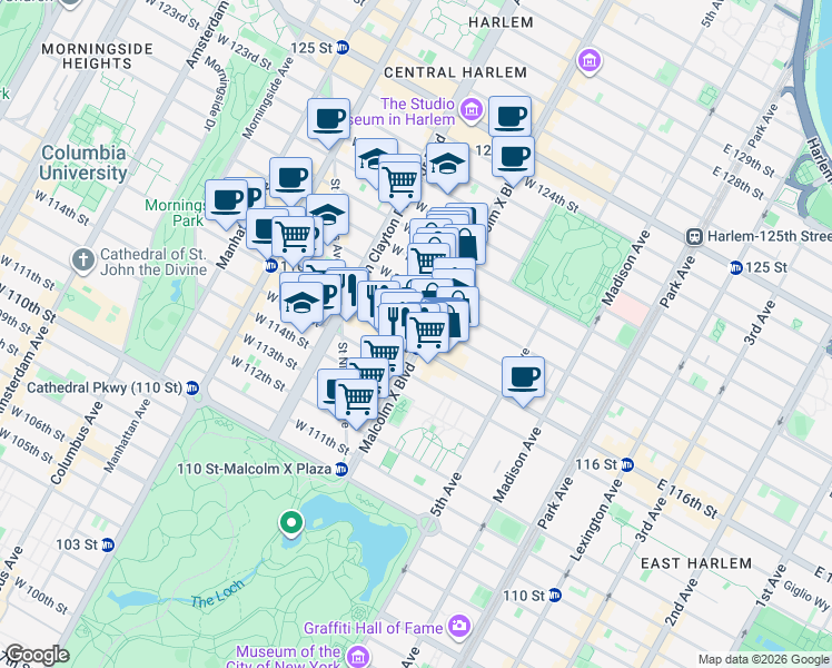 map of restaurants, bars, coffee shops, grocery stores, and more near 118 West 117th Street in New York