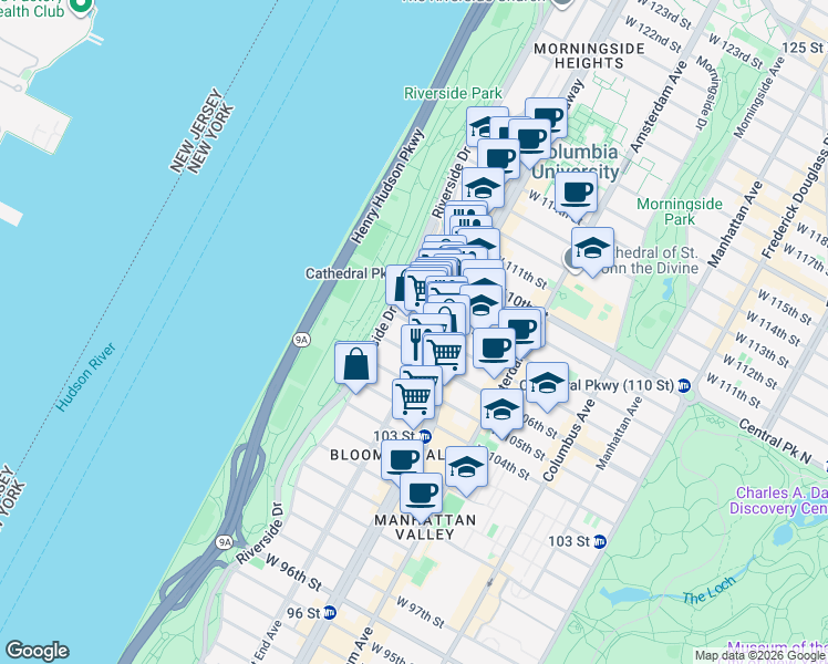 map of restaurants, bars, coffee shops, grocery stores, and more near 400 West 107th Street in New York