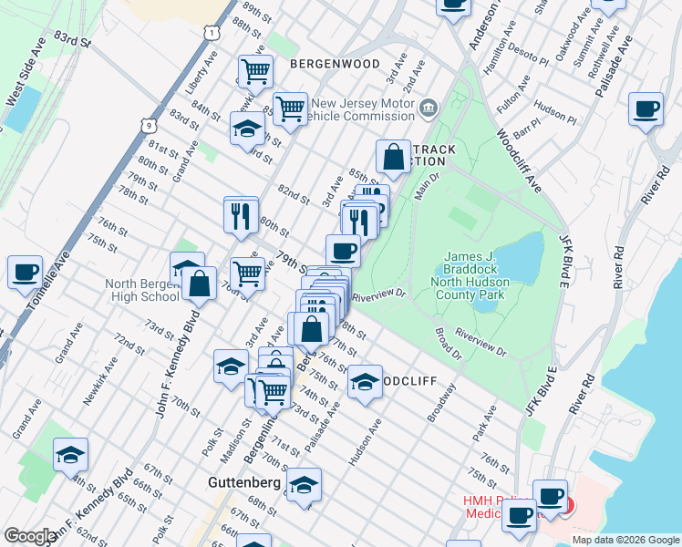map of restaurants, bars, coffee shops, grocery stores, and more near 600 80th Street in North Bergen