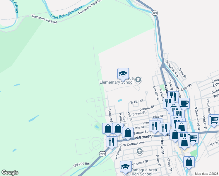 map of restaurants, bars, coffee shops, grocery stores, and more near 499 Boyle Avenue in Tamaqua