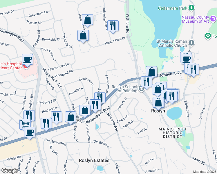 map of restaurants, bars, coffee shops, grocery stores, and more near 16 Fernwood Lane in Roslyn