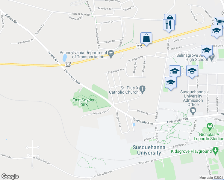 map of restaurants, bars, coffee shops, grocery stores, and more near 5 Crescent Avenue in Selinsgrove