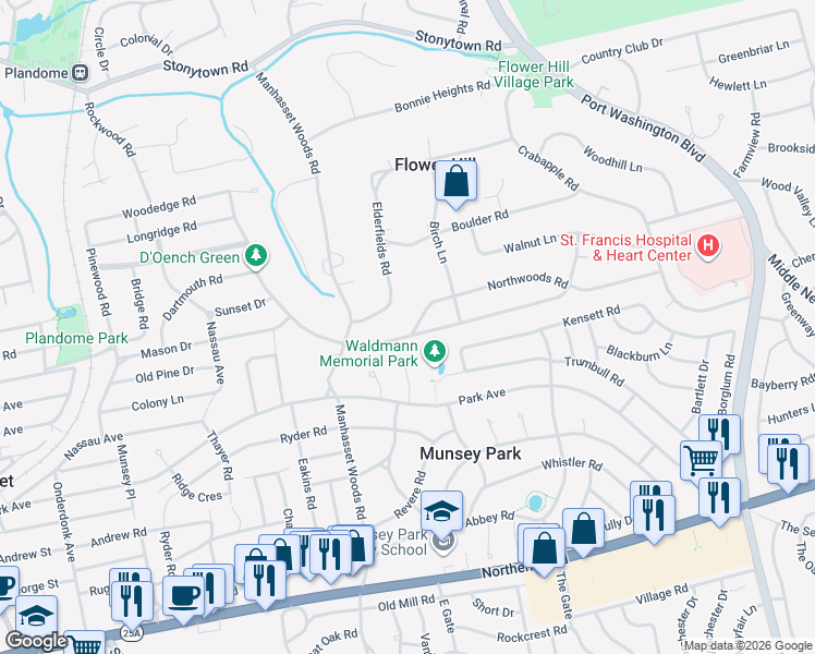 map of restaurants, bars, coffee shops, grocery stores, and more near 44 Elderfields Road in Manhasset