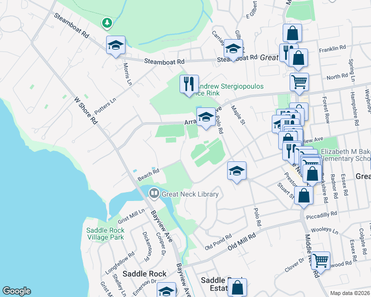 map of restaurants, bars, coffee shops, grocery stores, and more near 7 Alger Road in Great Neck