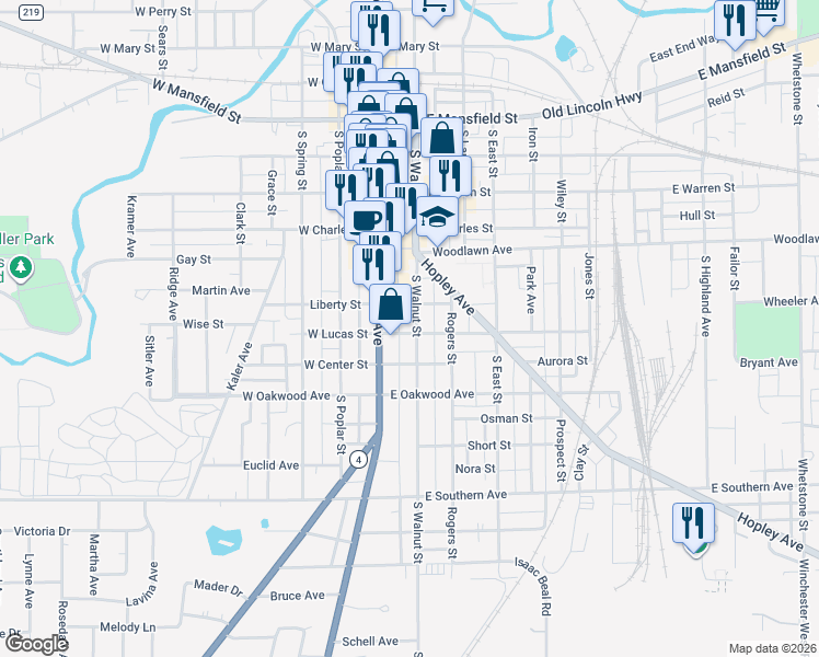 map of restaurants, bars, coffee shops, grocery stores, and more near 564 South Walnut Street in Bucyrus