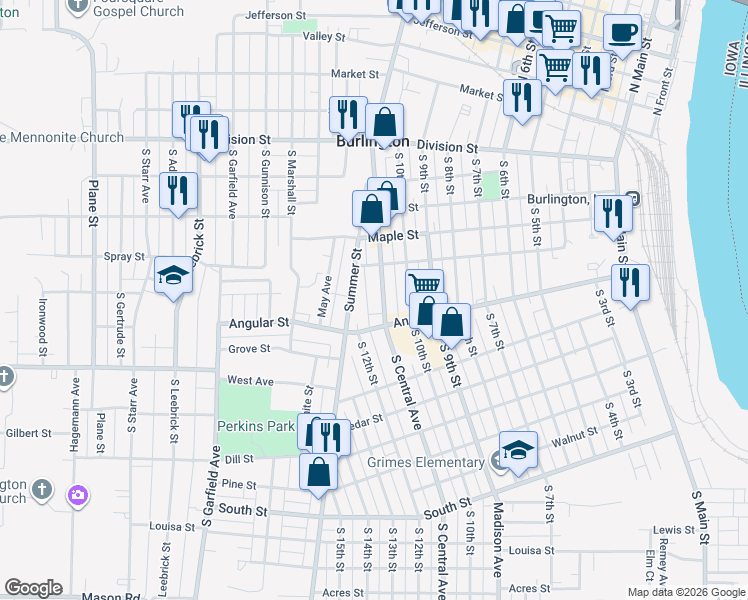 map of restaurants, bars, coffee shops, grocery stores, and more near 521 South Central Avenue in Burlington