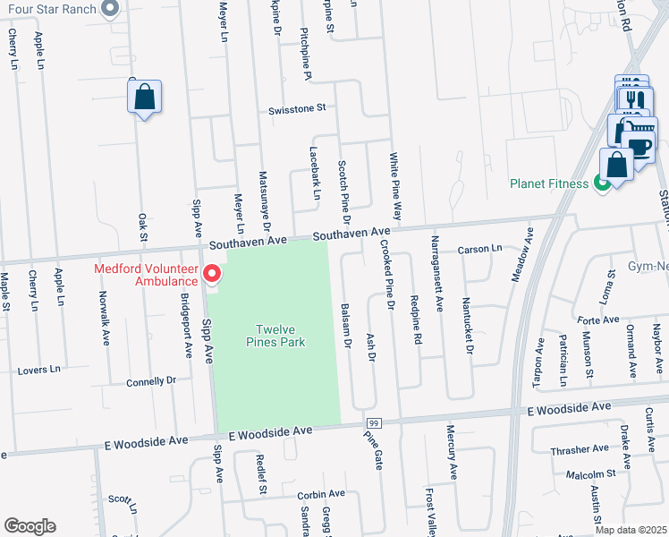 map of restaurants, bars, coffee shops, grocery stores, and more near 52 Balsam Drive in Medford