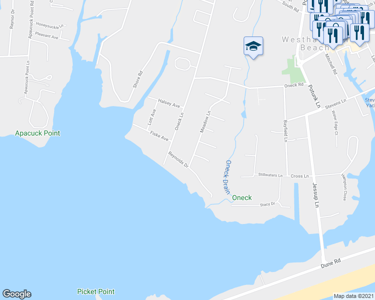 map of restaurants, bars, coffee shops, grocery stores, and more near 25 Meadow Lane in Westhampton Beach