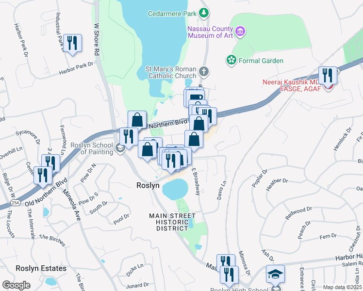 map of restaurants, bars, coffee shops, grocery stores, and more near 25 Skillman Street in Roslyn