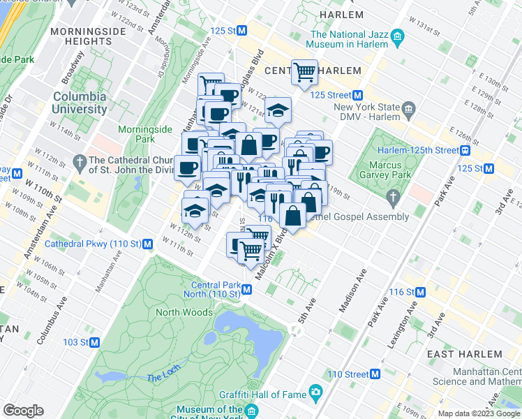 map of restaurants, bars, coffee shops, grocery stores, and more near 130 West 116th Street in New York