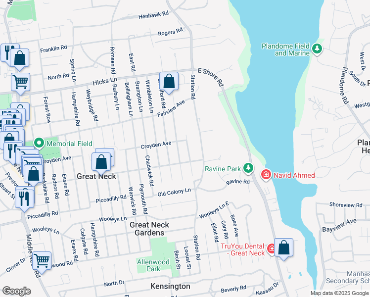 map of restaurants, bars, coffee shops, grocery stores, and more near 24 Duxbury Road in Great Neck