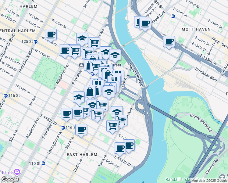 map of restaurants, bars, coffee shops, grocery stores, and more near 224 East 125th Street in New York