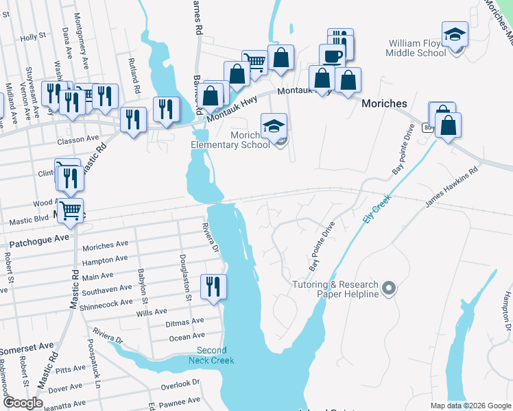 map of restaurants, bars, coffee shops, grocery stores, and more near 390 West Shore Court in Moriches