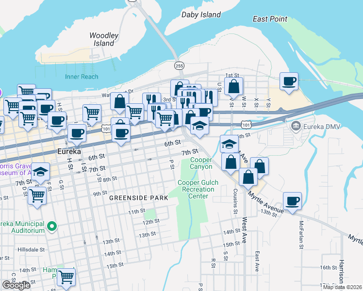 map of restaurants, bars, coffee shops, grocery stores, and more near 1560 6th Street in Eureka