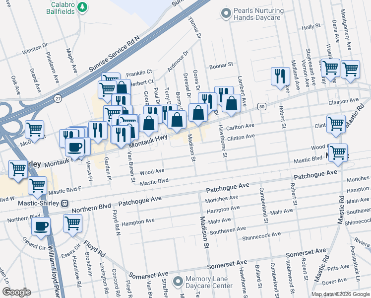 map of restaurants, bars, coffee shops, grocery stores, and more near 9 Madison Street in Mastic