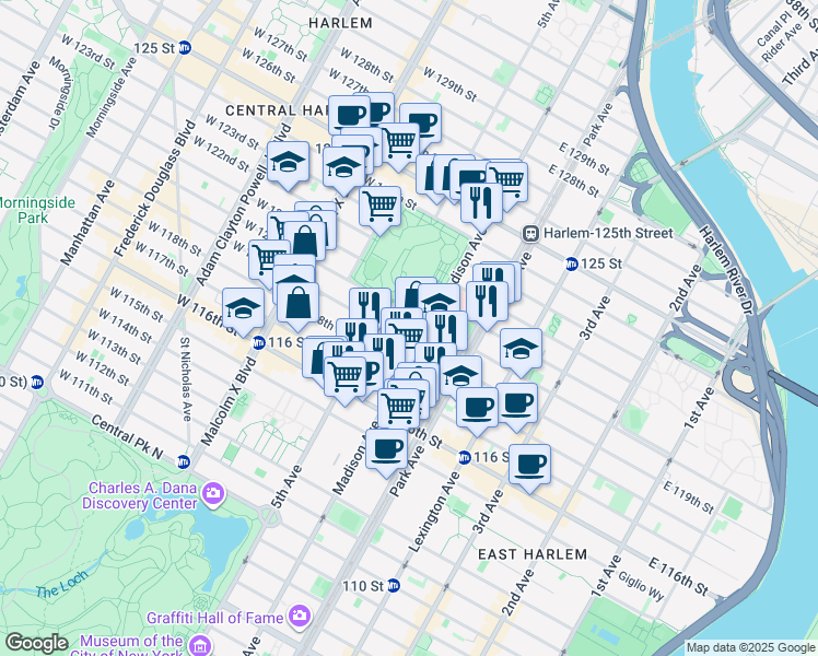 map of restaurants, bars, coffee shops, grocery stores, and more near 2 East 120th Street in New York