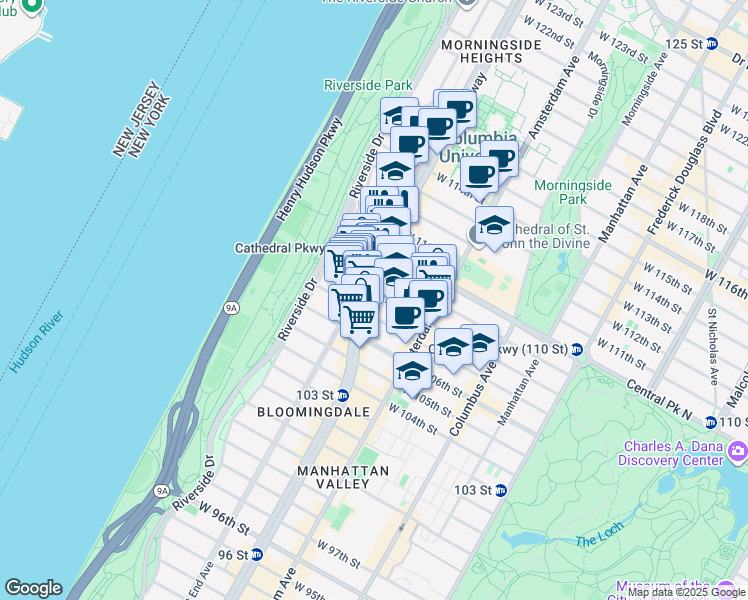 map of restaurants, bars, coffee shops, grocery stores, and more near 244 West 109th Street in New York