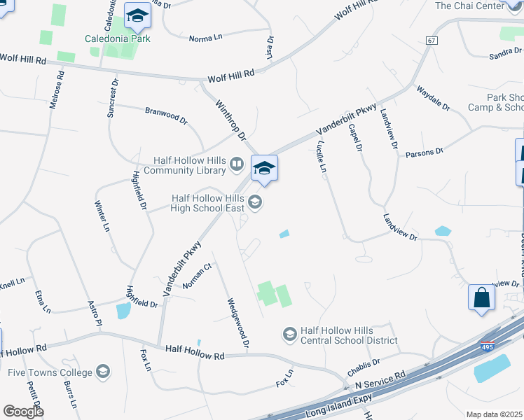 map of restaurants, bars, coffee shops, grocery stores, and more near 50 Vanderbilt Parkway in Dix Hills