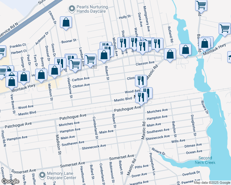 map of restaurants, bars, coffee shops, grocery stores, and more near 111 Wood Avenue in Mastic
