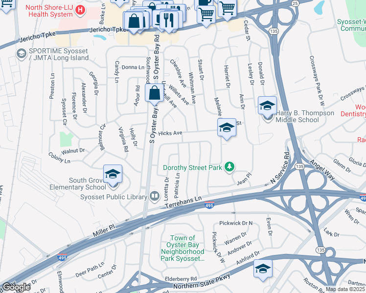 map of restaurants, bars, coffee shops, grocery stores, and more near 1 Barston Street in Syosset