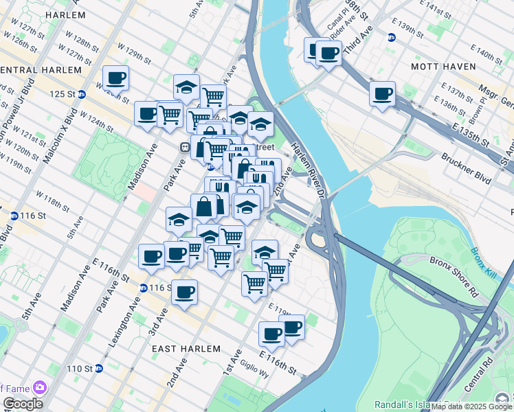 map of restaurants, bars, coffee shops, grocery stores, and more near 224 East 125th Street in New York