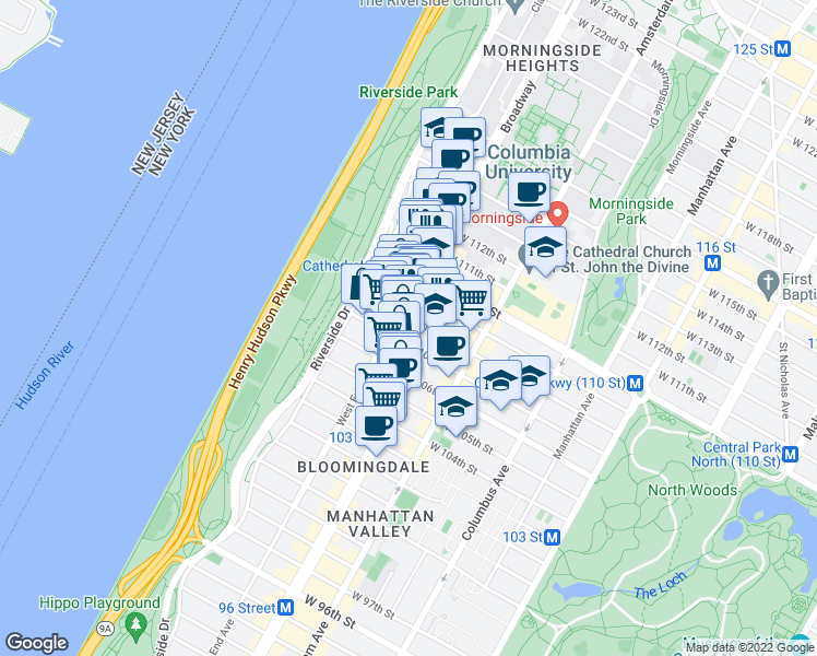 map of restaurants, bars, coffee shops, grocery stores, and more near 300 West 108th Street in New York
