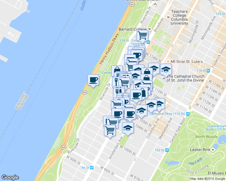 map of restaurants, bars, coffee shops, grocery stores, and more near 400 West 107th Street in New York