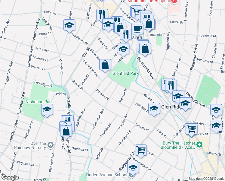 map of restaurants, bars, coffee shops, grocery stores, and more near 22 Willowdale Avenue in Montclair