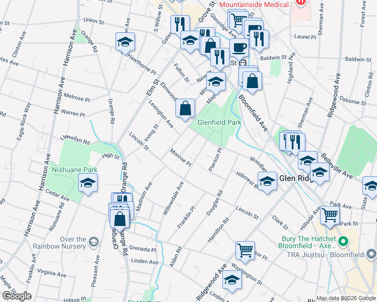 map of restaurants, bars, coffee shops, grocery stores, and more near 115 Maple Avenue in Montclair