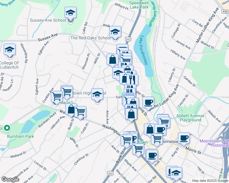 map of restaurants, bars, coffee shops, grocery stores, and more near 18 Columba Street in Morristown