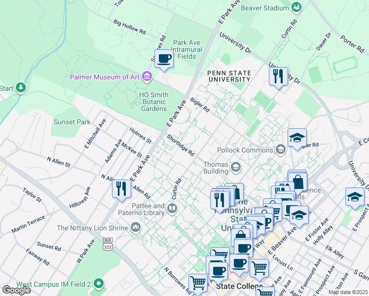 map of restaurants, bars, coffee shops, grocery stores, and more near in State College