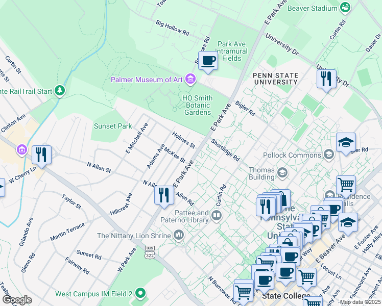 map of restaurants, bars, coffee shops, grocery stores, and more near 520 Holmes Street in State College