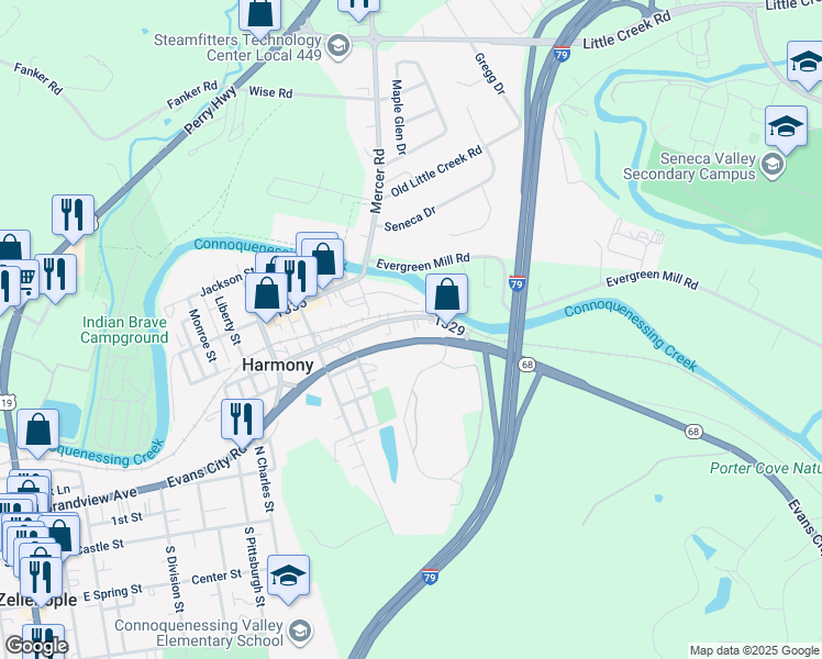 map of restaurants, bars, coffee shops, grocery stores, and more near 110 Voegtly Lane in Harmony