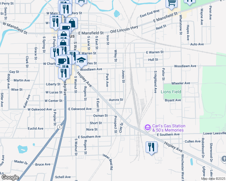map of restaurants, bars, coffee shops, grocery stores, and more near 558 Park Avenue in Bucyrus