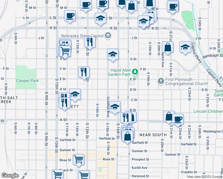 map of restaurants, bars, coffee shops, grocery stores, and more near 1518 D Street in Lincoln