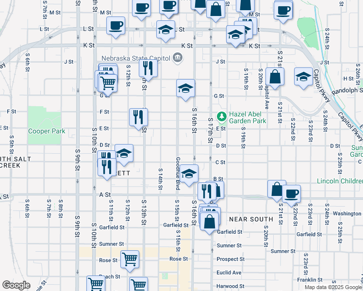 map of restaurants, bars, coffee shops, grocery stores, and more near 1518 D Street in Lincoln