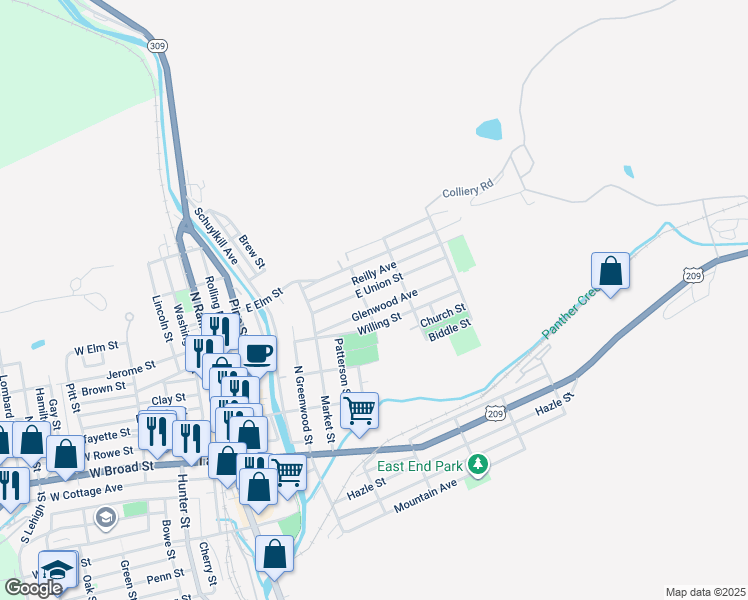 map of restaurants, bars, coffee shops, grocery stores, and more near 408 East Union Street in Tamaqua