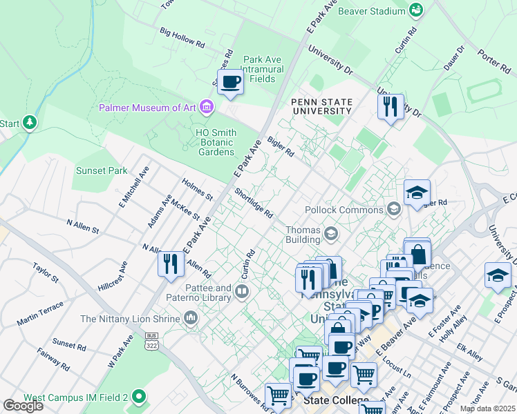map of restaurants, bars, coffee shops, grocery stores, and more near 439 Shortlidge Road in State College